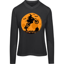 Load image into Gallery viewer, Halloween Moon Biker Witch Ladies’ Long Sleeve V-Neck Tee