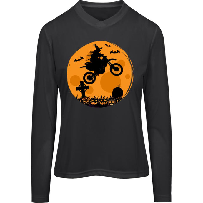 Halloween Moon Biker Witch Ladies’ Long Sleeve V-Neck Tee