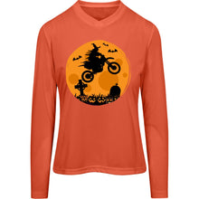 Load image into Gallery viewer, Halloween Moon Biker Witch Ladies’ Long Sleeve V-Neck Tee