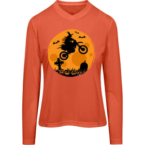 Halloween Moon Biker Witch Ladies’ Long Sleeve V-Neck Tee