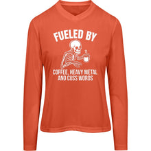 Load image into Gallery viewer, &quot;Fueled by Coffee, Heavy Metal &amp; Cuss Words&quot; Ladies Fit Tee Long Sleeve Tee