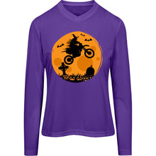 Load image into Gallery viewer, Halloween Moon Biker Witch Ladies’ Long Sleeve V-Neck Tee