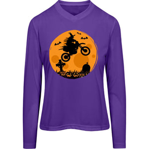 Halloween Moon Biker Witch Ladies’ Long Sleeve V-Neck Tee