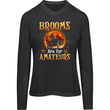 Load image into Gallery viewer, &quot;Brooms Are For Amateurs Halloween &quot; Ladies’ Long Sleeve V-Neck Tee! Sport Bike Edition