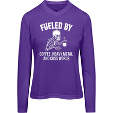 Load image into Gallery viewer, &quot;Fueled by Coffee, Heavy Metal &amp; Cuss Words&quot; Ladies Fit Tee Long Sleeve Tee