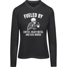 Load image into Gallery viewer, &quot;Fueled by Coffee, Heavy Metal &amp; Cuss Words&quot; Ladies Fit Tee Long Sleeve Tee