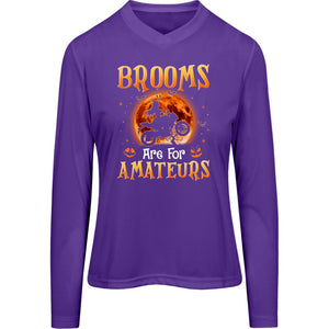 "Brooms Are For Amateurs Halloween " Ladies’ Long Sleeve V-Neck Tee! Sport Bike Edition