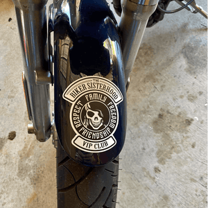 Biker Sisterhood VIP Club Decal on a fender